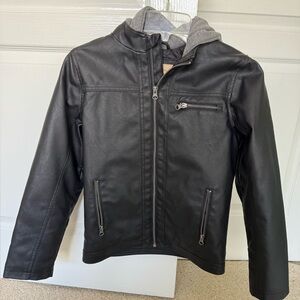 Kids Black Faux Leather Jacket with Hood